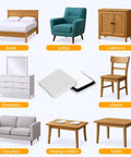 Illustration showing furniture types including beds, sofas, and more, with 8 Pack Carpet Furniture Sliders For Heavy Furniture On Carpet inset.