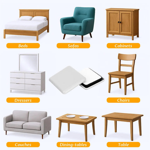 Illustration showing furniture types including beds, sofas, and more, with 8 Pack Carpet Furniture Sliders For Heavy Furniture On Carpet inset.