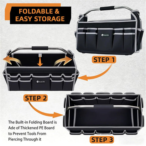 Demonstration of Built Tough 16 Inch Tool Bag For Men With Open Top Design foldable steps and 22 pockets grey utility tote.