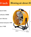 Bad Boy 20 Inch Industrial Floor Fan With Wheels Rock Solid Heavy Duty Drum Design High Velocity Savage Air Flow For Garage Warehouse And Shop Cooling Applications, yellow with black stand, dimensions listed.