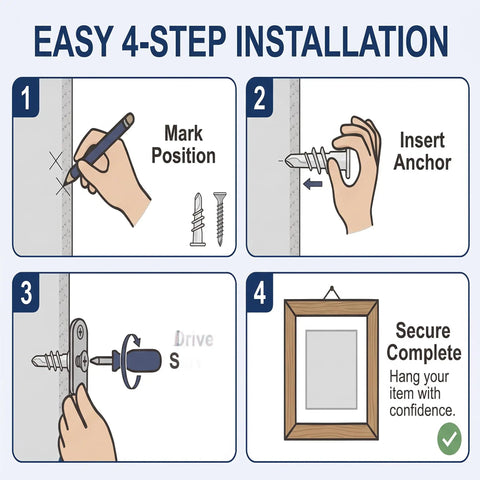 120 Piece Self Drilling Drywall Anchors And Screws Kit No 8 By One And One Quarter Inch Packed With Reinforced Nylon And Glass For Ultra Easy Install No Pilot Hole Required And Heavy Duty Holds Up To Seventy Five Lbs. 4-step drywall anchor installation guide