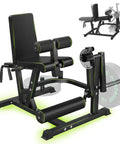 Dual Mode Leg Extension And Curl Machine For Home Gym with adjustable seated leg press, black and green design
