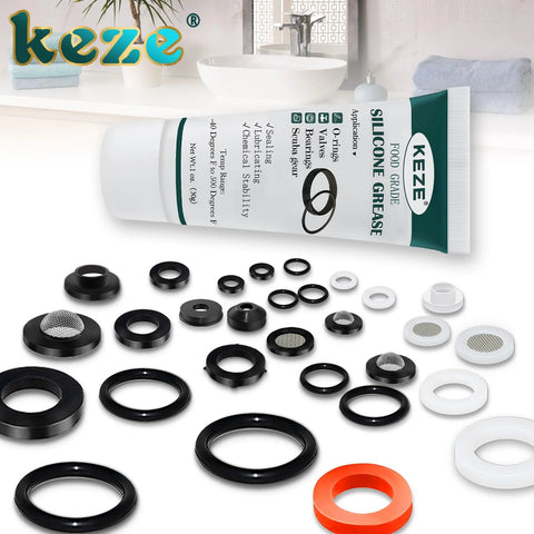 Front view of KEZE 1 oz waterproof food-grade silicone grease tube with assorted black and white O-rings