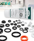 KEZE silicone grease tube, food-grade lubricant, with assorted black and white plumbing O-rings and seals, front view.