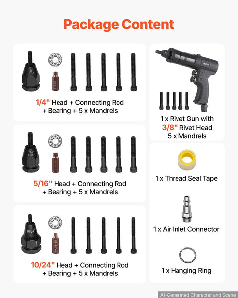 Heavy Duty Pneumatic Rivet Nut Gun Kit With Quick Swap Heads And 20 Mandrels For Auto Repair, package contents with 1/4, 5/16, 10/24 heads