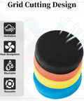 Next Level Five Inch Buffing And Polishing Cutting Pads Premium Open Cell Foam Sponge Pads For Paint Correction stacked in colors with grid cutting design.