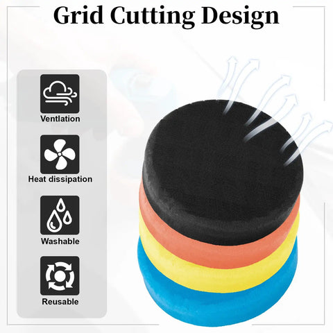 Next Level Five Inch Buffing And Polishing Cutting Pads Premium Open Cell Foam Sponge Pads For Paint Correction stacked in colors with grid cutting design.
