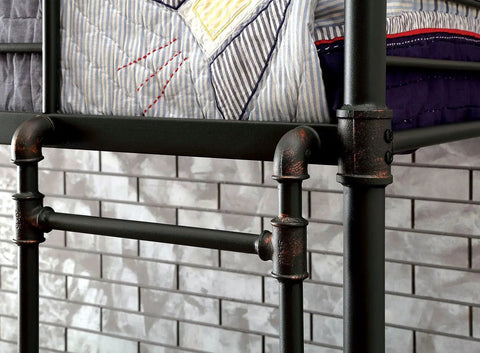 Close-up of Twin Over Twin Metal Bunk Bed With Attached Ladder Full Pipe Frame Upper Guard Rails Antique Black Finish Built Tough