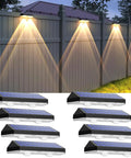 Top Notch Solar Fence Lights For Outdoor Yard And Garden Walkways Offering Three Adjustable Light Modes With A Slick No Hassle Mount And Heavy Duty Weather Resistant Housing To Deliver Solid Ambient Glow In An 8 Pack Bundle on a wooden fence.