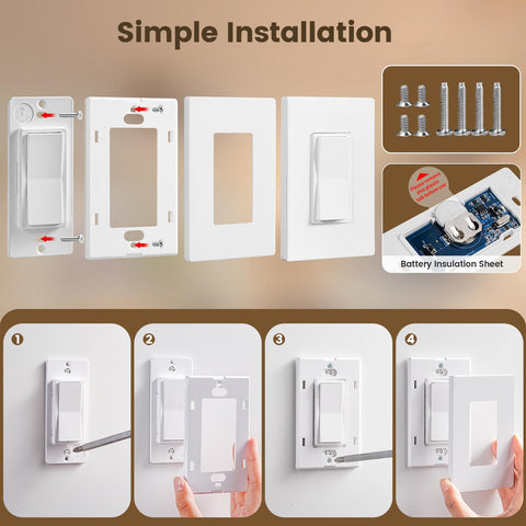 Installation guide for Dope Three Way Wireless Light Switch Kit With Remote Receiver No Wiring Needed, showcasing assembly steps.
