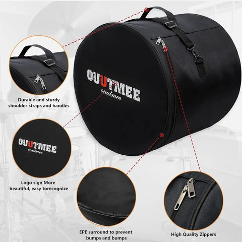 Ultra Heavy Duty 5 Piece Padded Drum Bag Set With Tough Durable Nylon Travel Cases For Kick Floor Tom Snare Rig Gear Haul with logo and zippers.