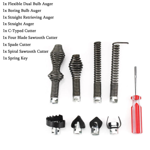 Heavy Duty Drain Cleaning Attachment Kit For Snake Machines Includes Nine Cool Tools Like Grease Cutters And Spiral Drills To Clear Clogs Fast Any Home Spot Works With Ridgid C4 C6 C7 C8 C9 Units To Get Stuff Fixed, 9 steel attachments shown