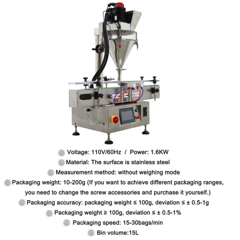 Heavy Duty Semi Automatic Powder Filling Machine Smooth Operator With Conveyor For Granular Packets Like Feed Sugar Coffee 10 To 200 Grams Running Smooth At 15 To 30 Bags Per Minute Badass Stainless Steel Build With Mixer 110V on display showing features.