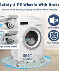 Beefed Up Stainless Steel Washing Machine Dolly Cart With Lockable Wheels 700 lb Capacity under washing machine showing 360° rotation