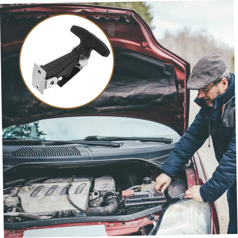 Elastic T Handle Draw Latches With Rubber Hood Catch Lock Bracket For Vehicle Toolboxes And Cargo Racks, shown with car hood open