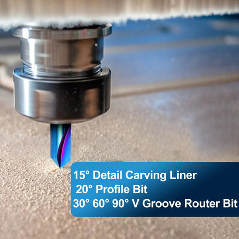 Close-up of CNC machine using a bit from Five Piece CNC Router Bit Set 1 Quarter Inch Shank With 15 Degree Detail Liner, 20 Degree Profile Bit, and 30 Degree, 60 Degree, 90 Degree V Groove Bits, Two Inch Length End Mills for woodworking