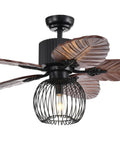 HomeStock Modern Ceiling Fan with Light Kit, 48-inch Black Corrugated Design and Wood Blades with wire cage light.