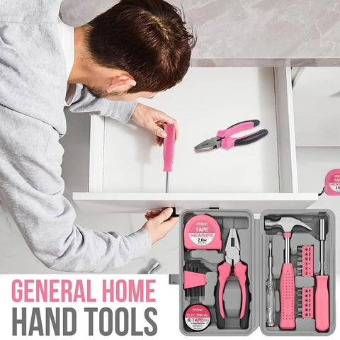 Man using Compact Tool Box Set For Women With 24 Piece Essential DIY Starter Tools For Home Projects to fix a drawer.