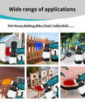 Wide range of uses for Cordless HVLP Paint Sprayer Kit With 18V Battery showing spraying on dog house, fence, bike, and chair.