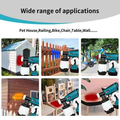 Wide range of uses for Cordless HVLP Paint Sprayer Kit With 18V Battery showing spraying on dog house, fence, bike, and chair.