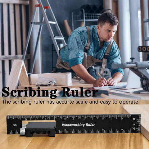 Woodworker using Pro Grade Precision Pocket Ruler Set 3 Pack For Woodworking Scribing And Marking Tools on a workbench.
