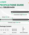 Rock Solid 20 Inch Gas Struts 100 Pound Force Lift Supports specifications guide showing lengths and components for safe installation.