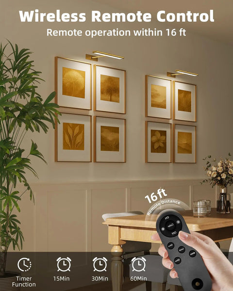 Rechargeable Picture Light With Remote, 16 Inch Wireless Dimmable LED Wall Light for Art illuminating framed artwork on a wall.