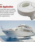 Four Piece Set Of Two Inch White Abs Plastic Flush Pull Slam Latches on a boat for marine use and applications.
