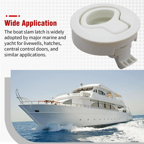 Four Piece Set Of Two Inch White Abs Plastic Flush Pull Slam Latches on a boat for marine use and applications.