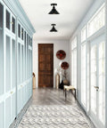 Set Of 2 Vintage Industrial Black Ceiling Lights Semi Flush Mount Fixtures in hallway with minimalist modern rustic vibe.