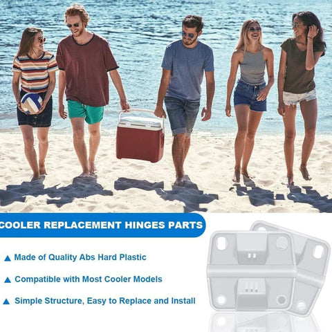General Coolers hinge replacement set with steel screws; ABS hard plastic, compatible with most cooler models.