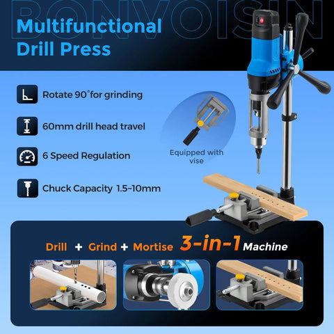 Benchtop Drill Press For Woodworking With Square Hole Mortising Converts Into A Mortiser With Square Bit 860W Electric Drill