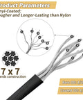 Diagram showing 7x7 strand core of 1/16 Inch Black Vinyl Coated Stainless Steel Wire Rope Kit, 200 Ft, 304 Stainless.