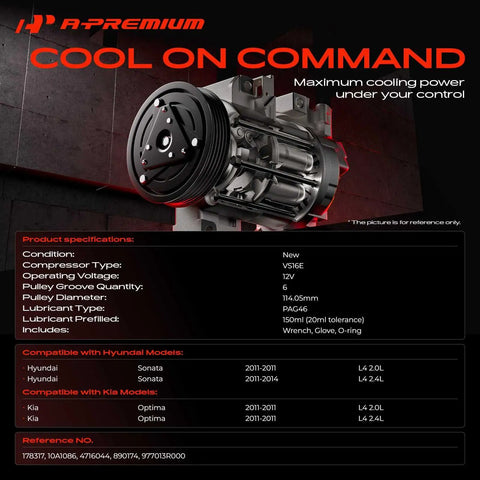 Built Tough AC Compressor With Clutch Straight Swap Kit For Hyundai Sonata And Kia Optima 2011 Through 2014 VS16E model close-up view.