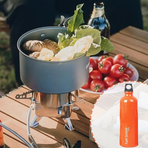 Cooking setup with vegetables on a camping stove, Aluminum Fuel Bottle 750ml For Camping And Outdoor Use in inset circle