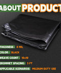 Folded black tarp with grommet, Black Tarp 6x8 Feet, 8 Mil Heavy Duty Waterproof Poly Cover with detailed product features shown.