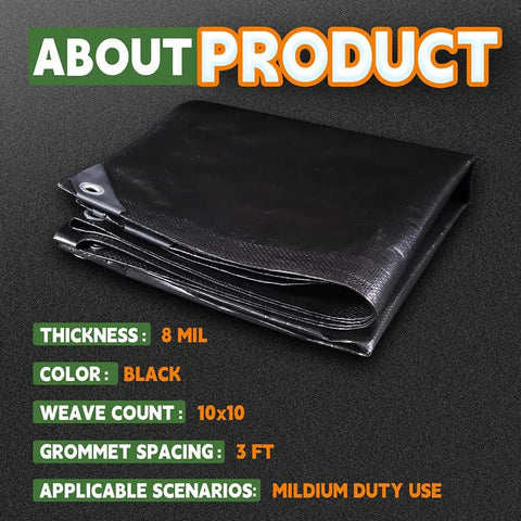 Folded black tarp with grommet, Black Tarp 6x8 Feet, 8 Mil Heavy Duty Waterproof Poly Cover with detailed product features shown.