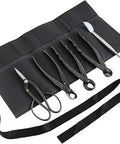 Made In Japan 5 Piece Bonsai Tool Kit With Roll Bag Featuring Yasugi Steel Ashinaga Scissors, displayed on open case