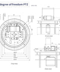 Yahboom 2-DOF pan-tilt kit with metal servo; top, front, and side view technical drawing
