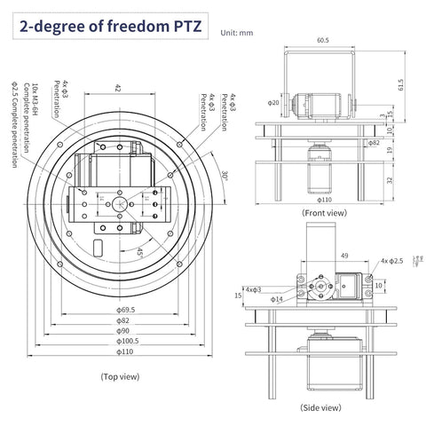 Yahboom 2-DOF pan-tilt kit with metal servo; top, front, and side view technical drawing