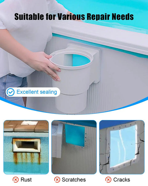 Person demonstrating Upgraded Pool Wall Repair Panel For Above Ground Pools, fixing rusted wall and leaky return pipe.