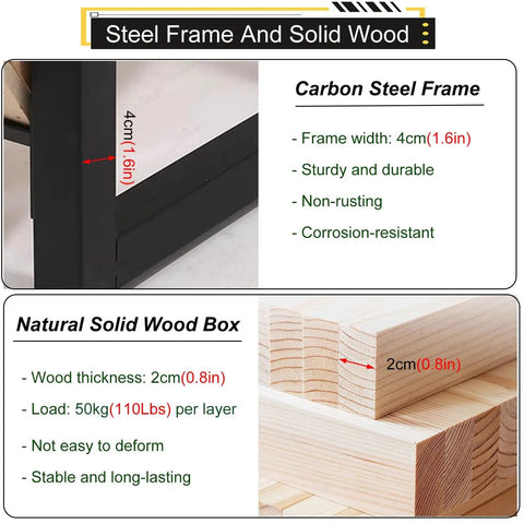 Detail of the frame and wood of the 4 Tier Beefy Walnut Look Steel Frame Storage Rack Rock Solid Heavy Duty Floor Shelf.