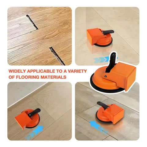 Heavy Duty Floor Gap Fixer And Puller Tool With 180 Lb Suction showing use on wood and tile floors, orange ergonomic handle