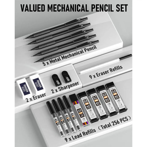 Metal Mechanical Drafting Pencil Set For Sketching And Drawing with five pencils, erasers, sharpeners, refills, and color lead tubes.