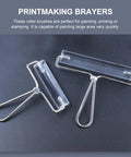 Heavy Duty Stainless Steel Paint Roller Set Two Piece Smooth Glide Action For Fast Canvas Coverage And Killer Oil Acrylic Finishes Game Changing Printmaking Essential - pair of clear roller brushes on dark surface.