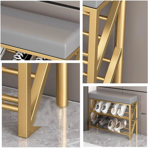 Industrial 2 Tier Shoe Rack Bench With Seat And Brown Entryway Organizer Stand Metal Shoe Storage Shelves