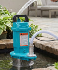 Badass Half Horsepower Stainless Steel Submersible Water Pump With Rock Solid Rust Resistant Build For Fast Crawl Space And Sump Drainage, in use draining water from a pond.