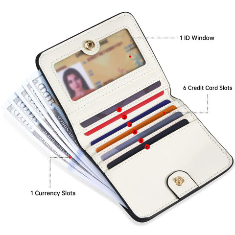 Slim Floral RFID Wallet For Women, Vegan Leather Bifold With Zipper Coin Pocket And ID Window open showing 6 card slots