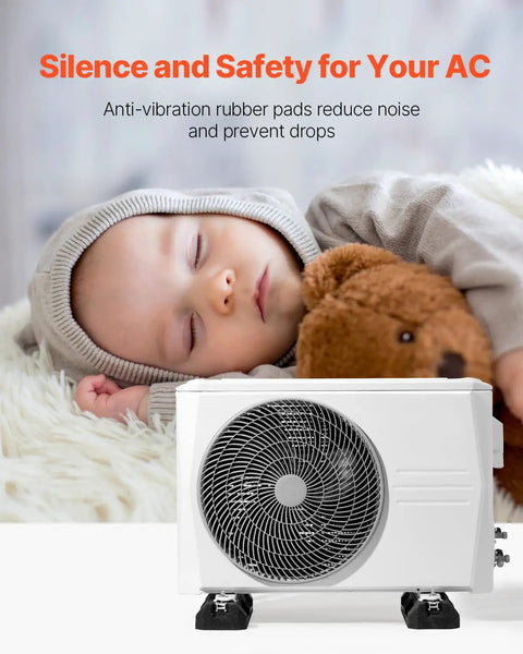 Sleeping baby beside AC unit on Floor Mounting Base Kit For Mini Split AC Systems, Heavy-Duty Rubber Anti-Vibration Pads, Max Load 2204 Lbs