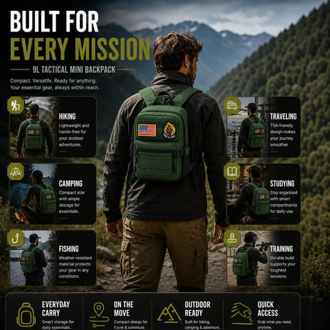 9L Mini Tactical Backpack For Men And Women, Lightweight Waterproof 1000D Oxford Gear Bag displayed for outdoors use